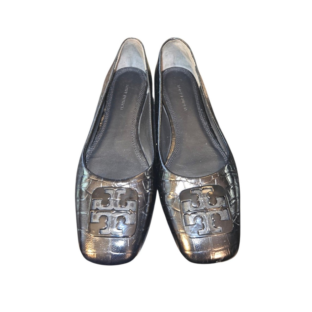 Tory Burch Georgia Ballet Flats Womens 7.5 Black Croc Embossed Leather Logo